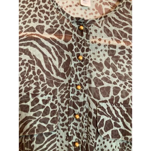 Hoss Intropia Top Womens 38 Medium Teal Green Animal Print Semi Sheer Ruffles - Picture 3 of 13